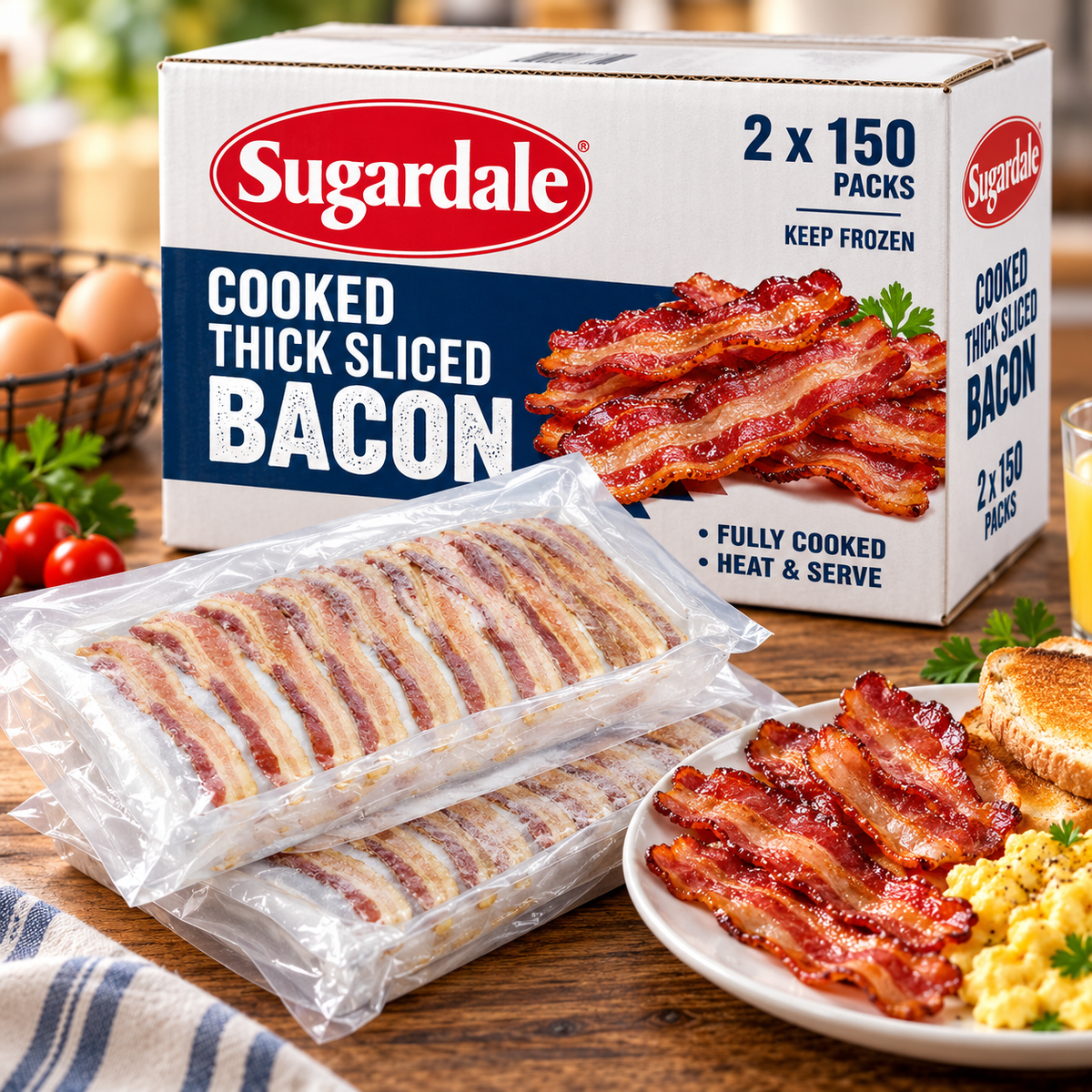 BACON COOKED THICK CUT 2 x 150 PK - Valley Direct Foods - All - HOTEL BREAKFAST BAR ITEMS - Pork