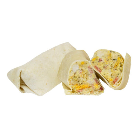 Individually wrapped breakfast egg wraps, partially unwrapped to show contents.